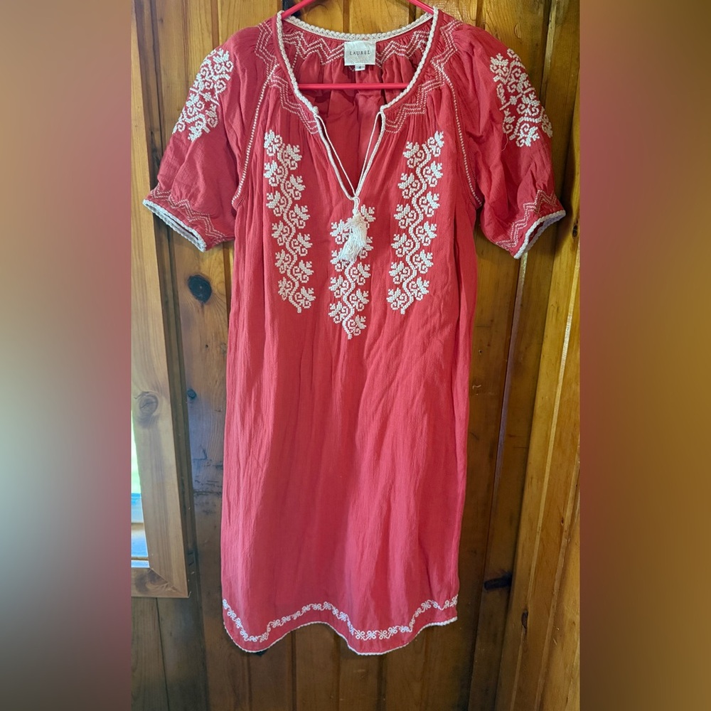 Laurel Coral/Pink‎ Gauze Embroidered Boho Folkloric DRESS 4